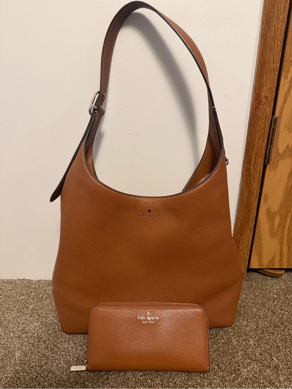 kate spade Brown Pebbled Leather Shoulder Bag with Matching Wallet
